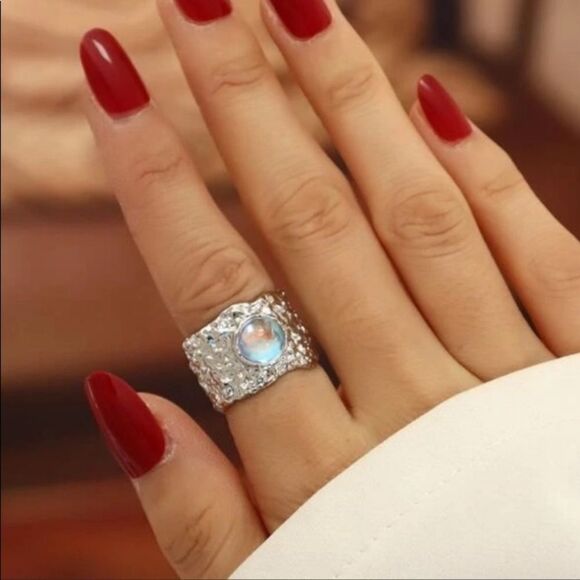 SILVER Textured Blue Stone Cuff Ring - Picture 1 of 4